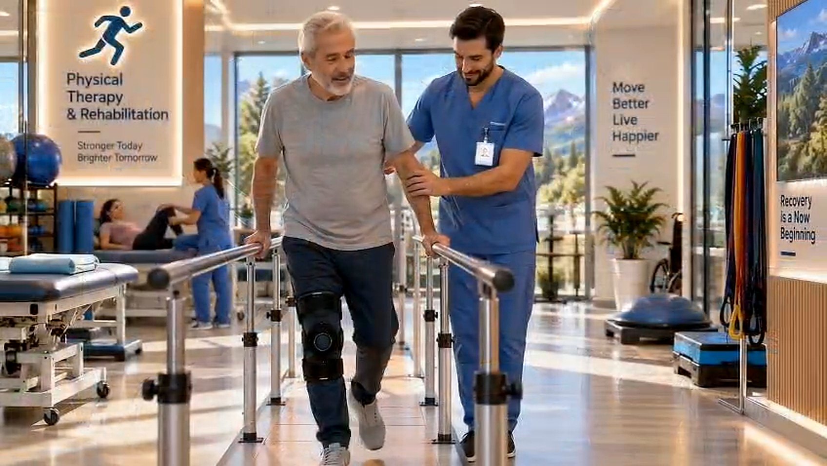 A physiotherapist helping a guest walk between parallel bars