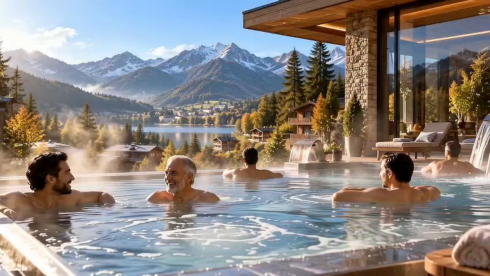 Guests in a steaming outdoor thermal pool