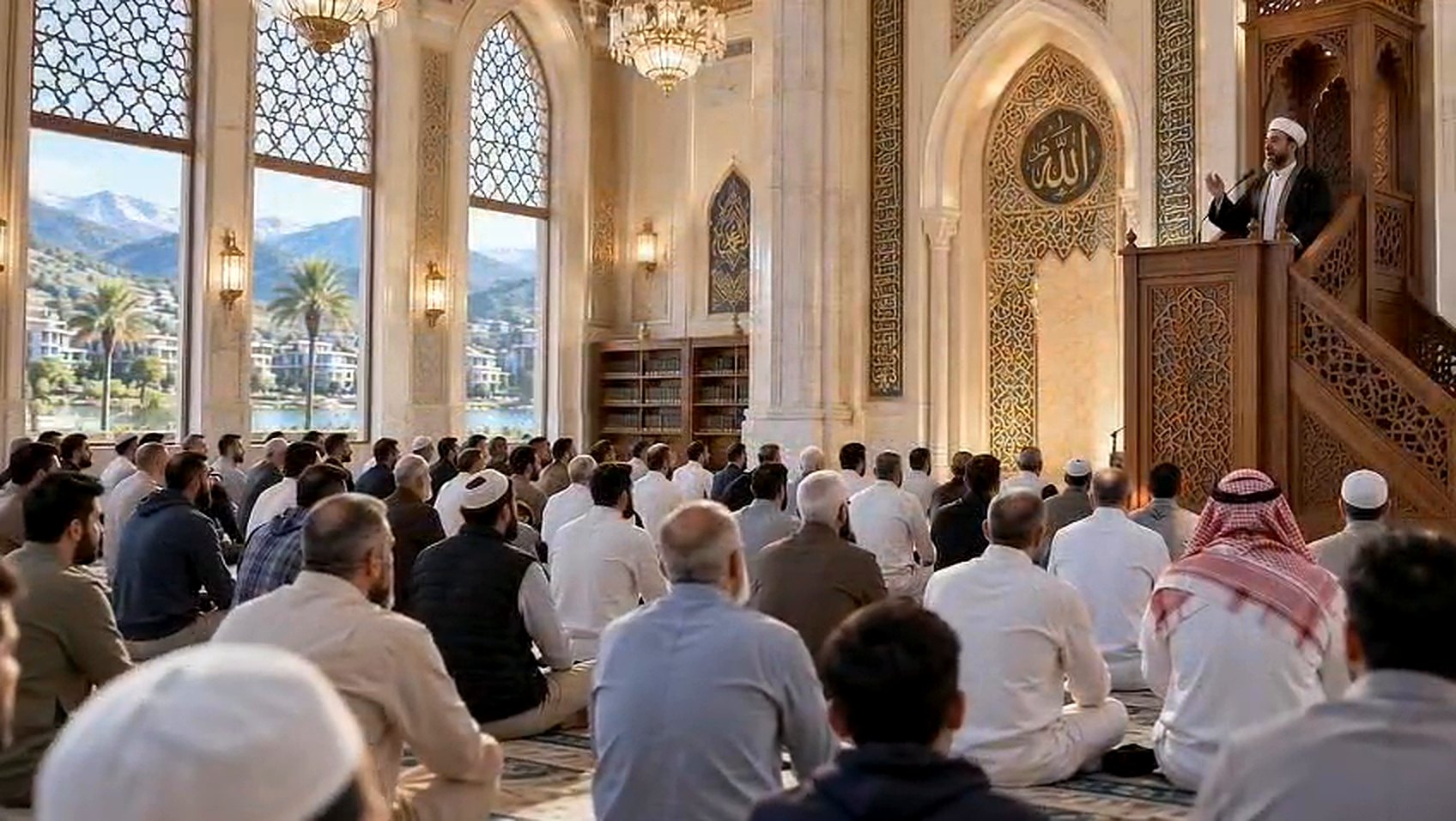 Worshippers listening to a sermon inside a mosque