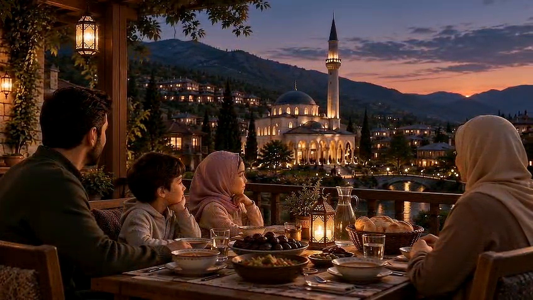 A family sharing iftar on a terrace facing a lit mosque