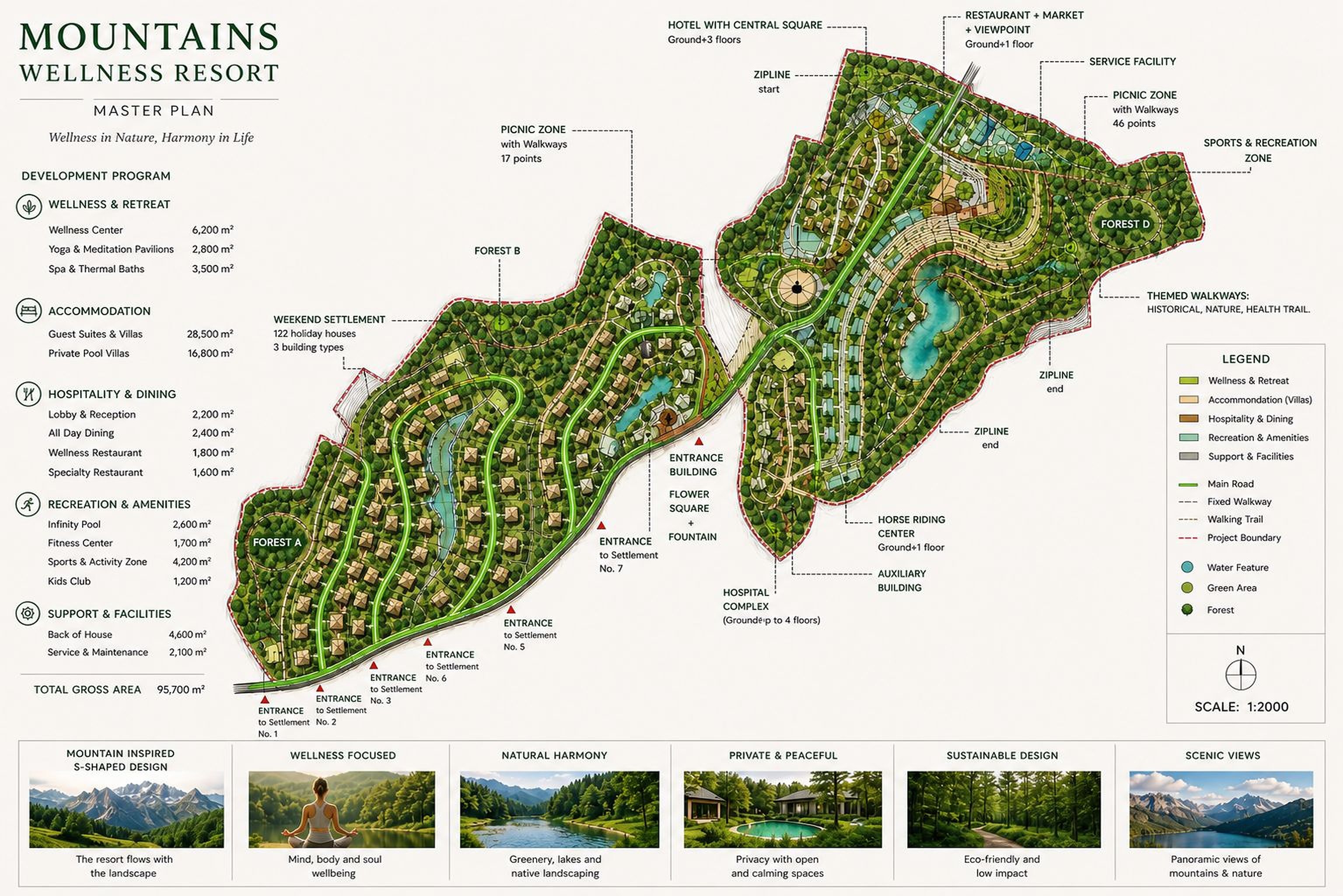 Annotated masterplan board listing wellness, accommodation, dining, recreation and support areas